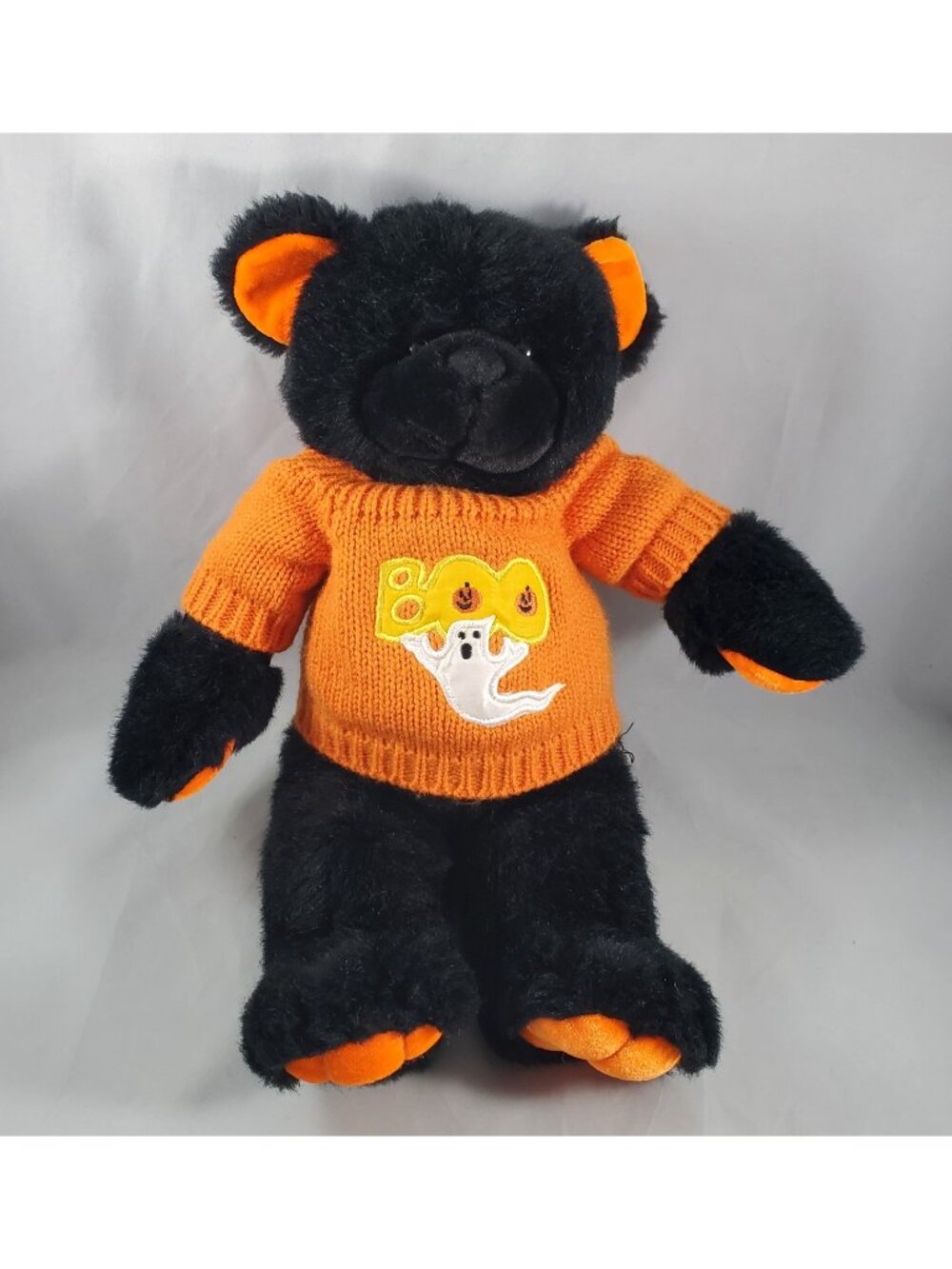 Vintage Sugarloaf? Plush Halloween Black Teddy Bear Orange Sweater w/ Ghost Boo